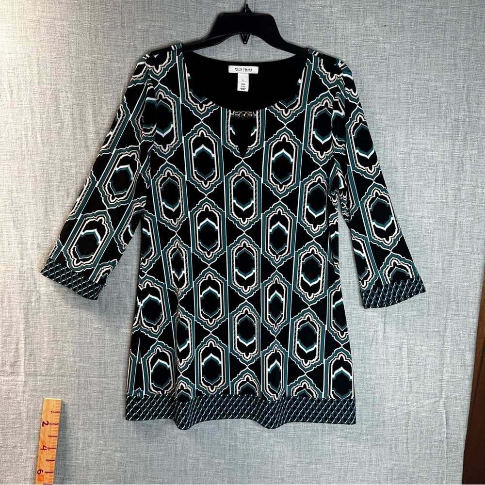 White House Black Market Geometric Blouse Size L Metal Detail 3/4 Sleeve Tunic
